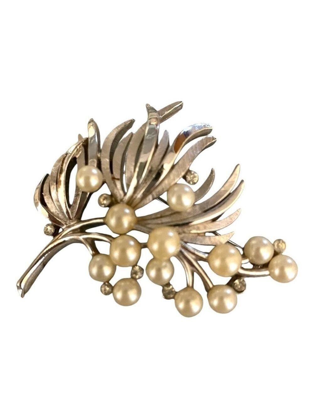 Vintage Crown Trifari Leaf Brooch Accented by Faux Pearls and Rhinestones.